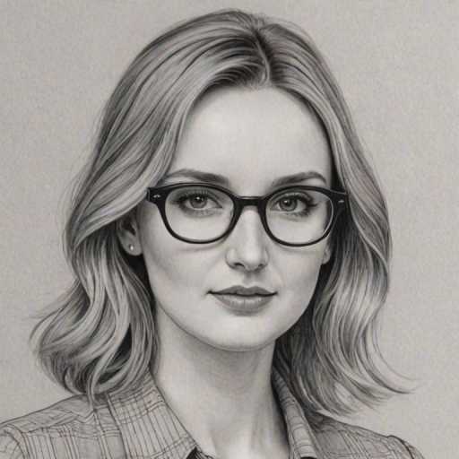 Exquisite Laura Carmichael, pencil sketch, portrait of Lovely woman 1973s in glasses, hair style beatnik, outline, clear lines, fine lines, 8k
