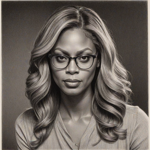 Pleasing Laverne Cox, pencil sketch, portrait of Resplendent woman 1945s in glasses, hair style beatnik, outline, clear lines, fine lines, 8k
