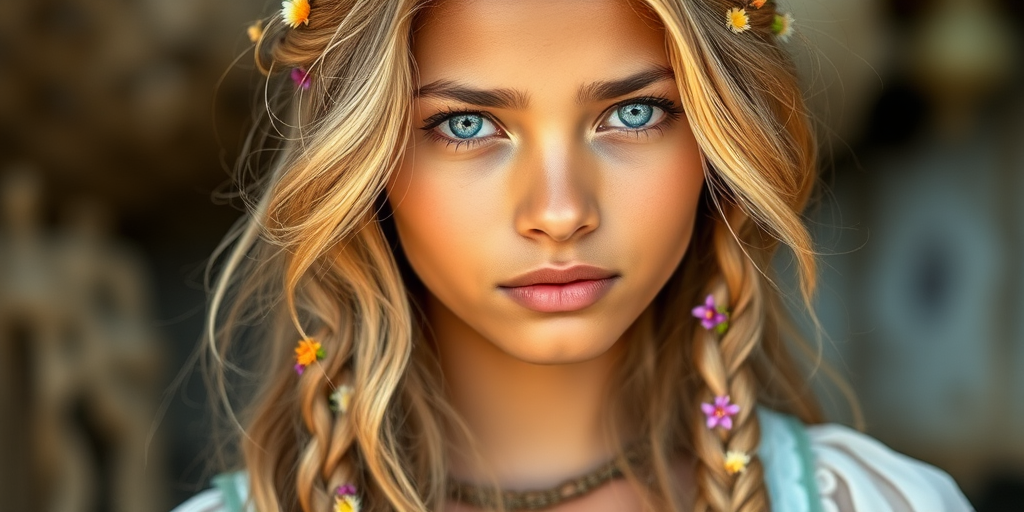 Create an image of a young Indian woman with long, wavy blonde hair, adorned with small, colorful flowers woven into her braids and loose strands. Her complexion is fair, with soft, glowing skin, and she has light blue eyes that gaze softly at the viewer. She wears a light, flowing dress with a gentle, ethereal quality, complementing her delicate and serene appearance. The background is slightly blurred, drawing focus to her tranquil expression and the intricate details of the flowers in her hair. The overall mood of the image is one of natural beauty and grace, evoking a sense of peacefulness and connection with nature.