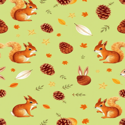 Create a seamless pattern featuring illustrated squirrels, rabbits, pinecones, and leaves on a soft green background, using a DSLR camera with a 50mm lens at f/2.8, 1/200s shutter speed, ISO 100, top-down perspective, and natural lighting.