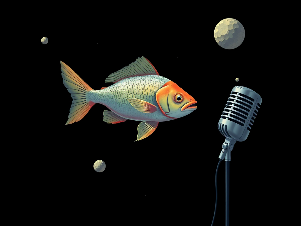 A surreal illustration of a fish swimming in space with a microphone nearby, high contrast black background, digital art style, Canon EOS R5, f/2.8, 50mm lens, ISO 100, soft lighting for enhanced details.