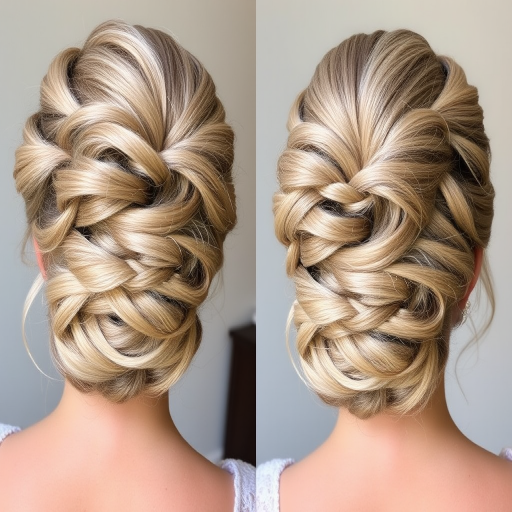 Elegant ash blonde updo named "Whispered Secrets" featuring intricate twisted knots, soft tendrils escaping artfully, pearl-like shimmer throughout, delicate braided accents, sophisticated and romantic appearance
