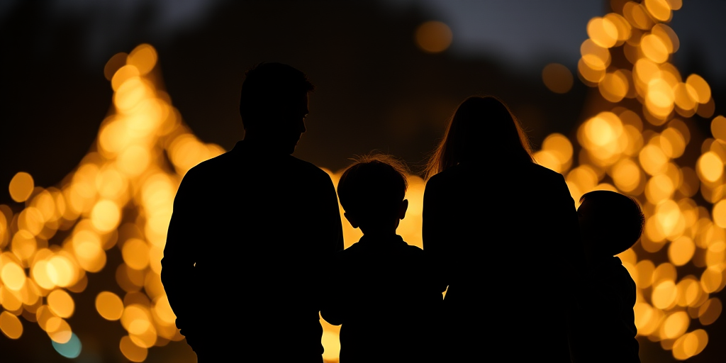 Create a silhouette of a family with two adults and two children against a glowing background with bokeh lights, using a Canon EOS R5, aperture f/2.8, shutter speed 1/60s, ISO 100, with a low-angle perspective and soft focus for enhanced quality.