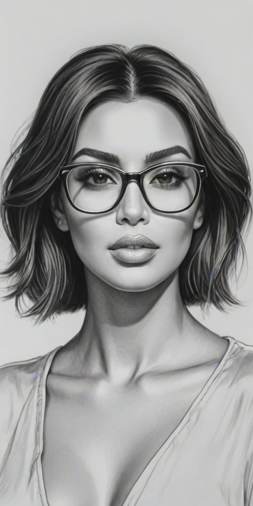 Graceful Kim Kardashian, pencil sketch, portrait of Attractive woman 1932s in glasses, hair style beatnik, outline, clear lines, fine lines, 8k