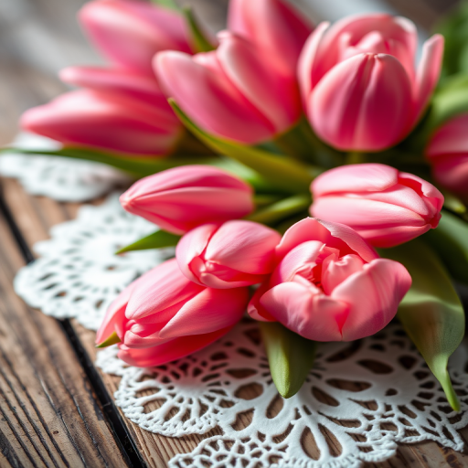 high-resolution close-up of pink tulips on a wooden surface with intricate lace details, natural lighting, shallow depth of field, shot with a Canon EOS R5, f/2.8, ISO 100, 50mm lens, soft focus on flowers, vibrant colors