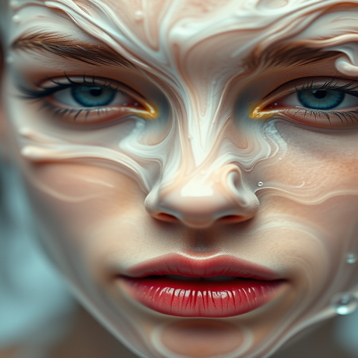 Create a hyper-realistic close-up portrait of a fluid abstract face with swirling textures and bubbles, using a Canon EOS R5, 50mm lens, f/1.8 aperture, ISO 100, soft diffused lighting to emphasize details and enhance the ethereal quality.