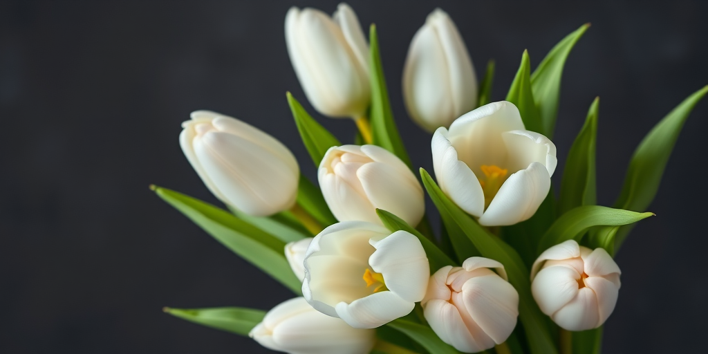 Generate a high-resolution image of a bouquet of white tulips with vibrant green leaves against a dark gray background; use a DSLR camera with a 50mm lens, aperture set to f/2.8, ISO 100, and a soft focus for enhanced depth of field.