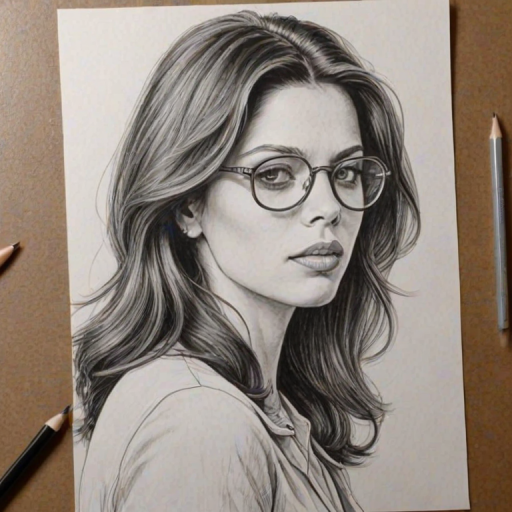 Sublime Vanessa Ferlito, pencil sketch, portrait of Superb woman 1978s in glasses, hair style beatnik, outline, clear lines, fine lines, 8k