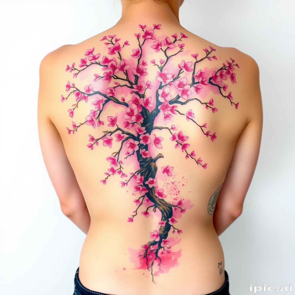 Vibrant watercolor tattoo adorning the entire back, featuring a sprawling cherry blossom tree with petals cascading down the spine, branches extending across shoulder blades in soft pink and purple hues