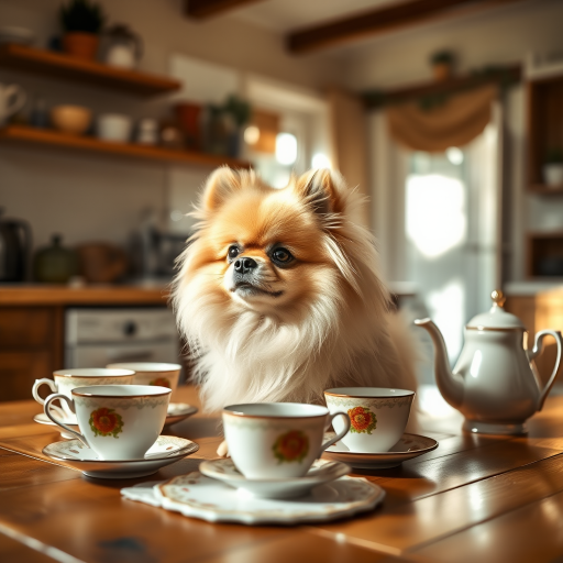 A fluffy Pomeranian dog sitting on a wooden table with vintage tea cups and a teapot in a warm, sunlit kitchen, captured with a Canon EOS R5, 50mm lens, f/1.8 aperture, ISO 100, natural light, shallow depth of field.
