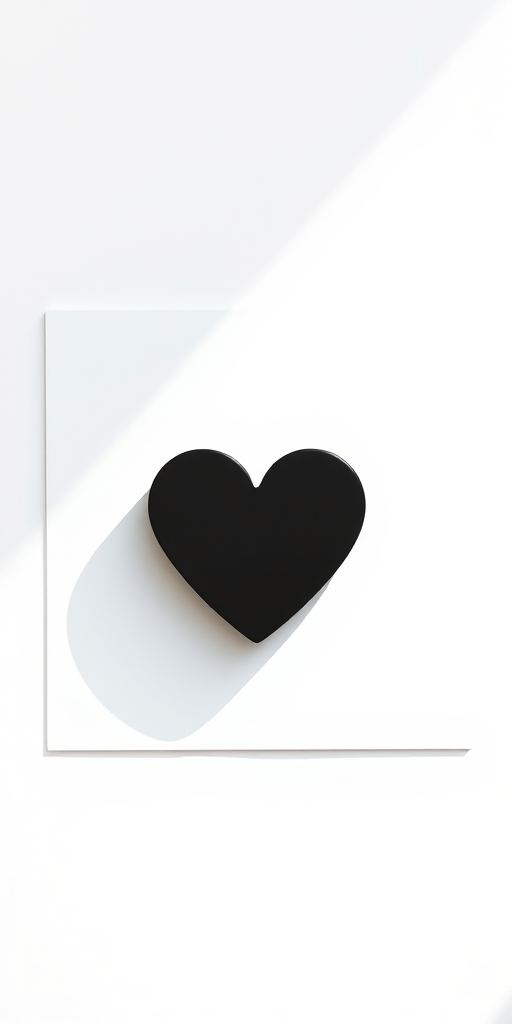Create a high-resolution black heart icon on a white square background, shot with a Canon EOS R5 at f/8, ISO 100, 50mm lens, in a top-down view with soft natural lighting.