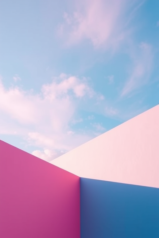 create a vibrant geometric abstract image with soft pastel colors blending into a blue sky, use a Canon EOS R5, aperture f/4, ISO 100, shutter speed 1/200s, wide-angle view, high dynamic range style