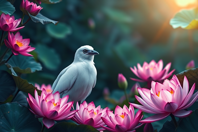Create a high-resolution digital painting of a white raven with striking blue eyes perched among vibrant pink water lilies surrounded by lush foliage, illuminated by a soft halo effect in the background, using a Canon EOS R5 with a 50mm f/1.2 lens, aperture at f/2.8, ISO 100, 1/125s shutter speed, in a softly diffused lighting style.