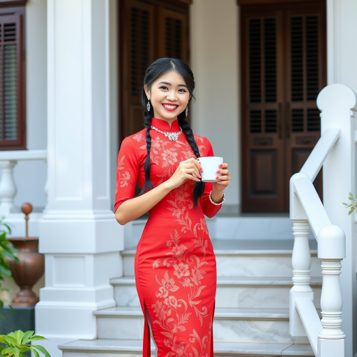 Chinese girl with a sweet smile wearing a red shivalai Thai dress, diamond jewelry, braided hair, holding a cup of hot coffee, wearing white high heels, standing on the stairs, Thai style house.