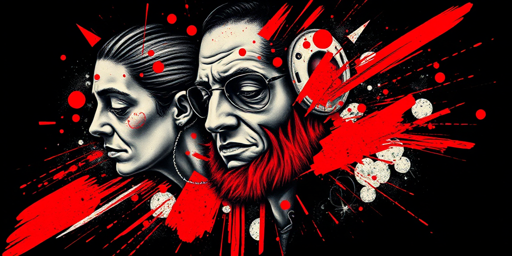 Trash polka tattoo combining realistic and abstract elements, featuring bold red accents and chaotic brushstrokes on a black background, named "Organized Chaos"