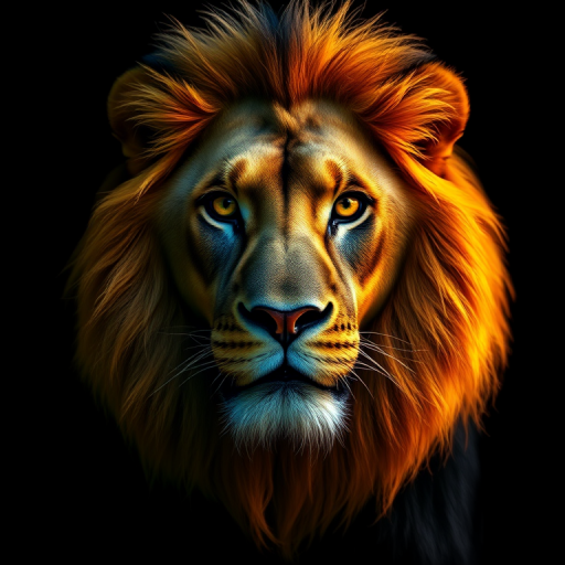 Create a highly detailed, glowing portrait of a lion with vibrant colors against a black background, using a DSLR camera with an aperture of f/2.8, ISO 100, 50mm lens, and a soft focus effect to enhance texture and depth.