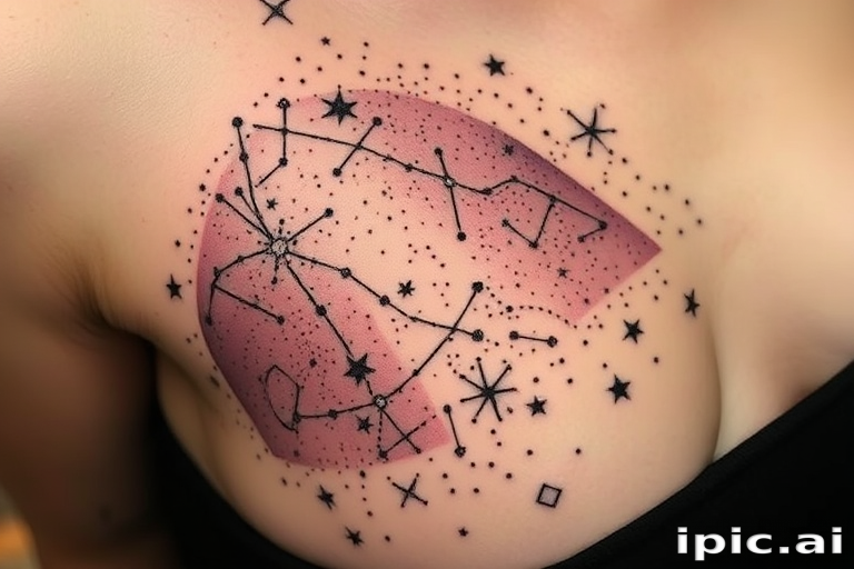 Dotwork tattoo "Celestial Whispers" depicting a dreamy night sky filled with constellations and galaxies, created entirely with meticulously placed black ink dots of varying sizes and densities
