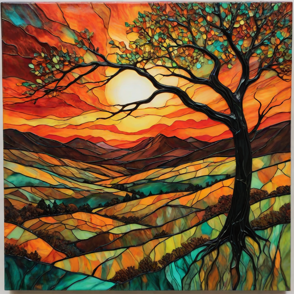 A vibrant abstract painting on Tiffany Glass, blending acrylic and alcohol ink techniques, captures a dramatic sunset over rolling hills. The artwork features a textured, rocky foreground in green and brown, layered abstract hills, and a striking sunset in rich oranges, yellows, and reds. A solitary black tree with intricate branches contrasts against the fiery sky, creating a dynamic and expressive portrayal of a breathtaking natural scene.