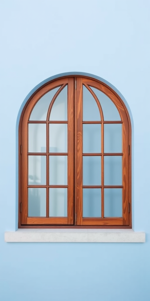 Create a high-resolution image of an arched wooden window with multiple panes, set against a light blue background, captured with a Canon EOS R5, 50mm lens, aperture f/8, ISO 100, with a soft, diffused natural light from the left side to enhance reflections and textures.