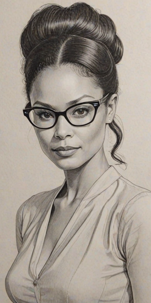 Splendid Thandiwe Newton, pencil sketch, portrait of Gorgeous woman 1965s in glasses, hair style beatnik, outline, clear lines, fine lines, 8k