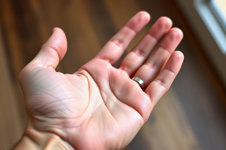 Create a realistic rendering of an open hand with detailed skin texture, high-resolution, 50mm lens, f/2.8 aperture, natural lighting, taken from a slightly elevated angle with a DSLR camera.