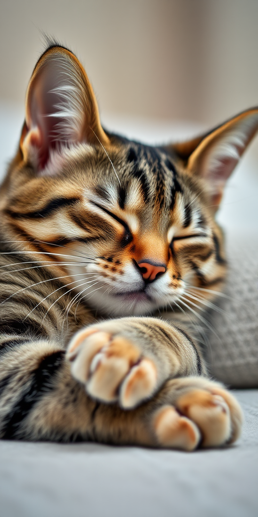 high-resolution image of a sleeping tabby cat with closed eyes and paws crossed, soft focus background, taken with a DSLR camera at 50mm, f/1.8 aperture, ISO 200, natural light, shallow depth of field