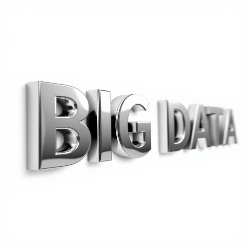 Create a high-resolution illustration of the text "BIG DATA" in shiny metallic letters with a reflective surface, use a 50mm lens, f/2.8 aperture, 1/250 sec shutter speed, and a depth of field effect, shot from a slightly low angle to emphasize the text against a clean white background.
