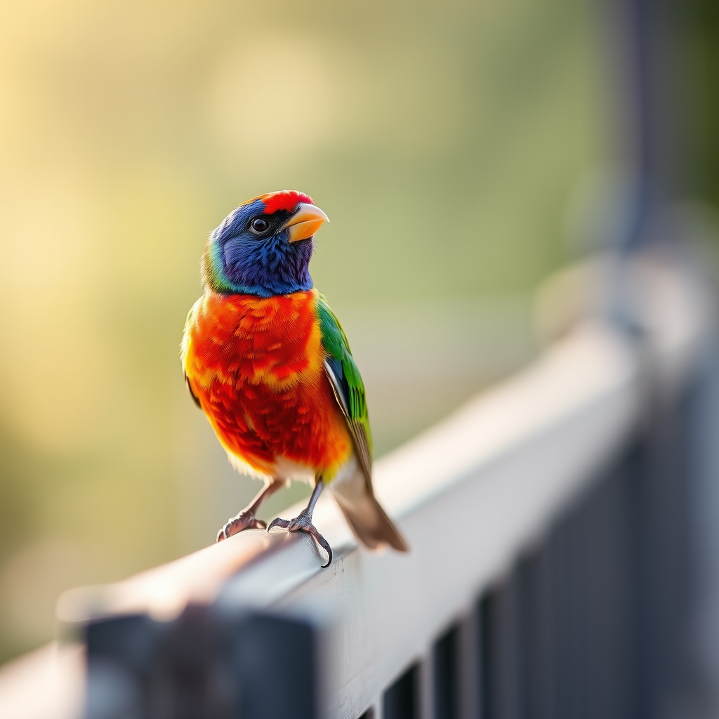 Colorful bird perched on a railing in soft natural light, 50mm lens, f/1.8 aperture, ISO 200, shutter speed 1/200 sec, shallow depth of field, DSLR camera, focus on the bird with a blurred background.