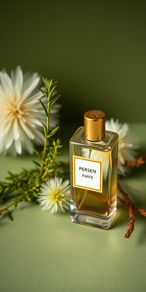 capture a still life arrangement of a glass perfume bottle with a gold cap, fresh rosemary sprigs, fluffy green balls, and brown twigs on a muted green background, use a 50mm lens, aperture f/2.8, ISO 100, soft natural lighting to enhance the colors and details
