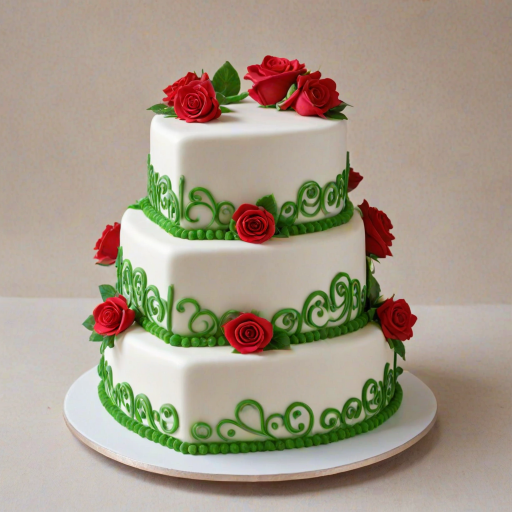 Create an image of a three-tier heart-shaped cake decorated with white icing. The cake should have intricate piping details and be adorned with red rose decorations and green leaves on top. The background should be simple and neutral to highlight the cake.