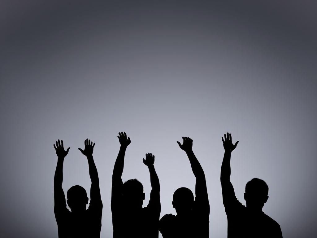Create a high-quality image of four silhouetted figures with their hands raised against a gradient gray background, using a DSLR camera at f/8 aperture, ISO 200, 50mm lens, and a slight overhead angle for depth.
