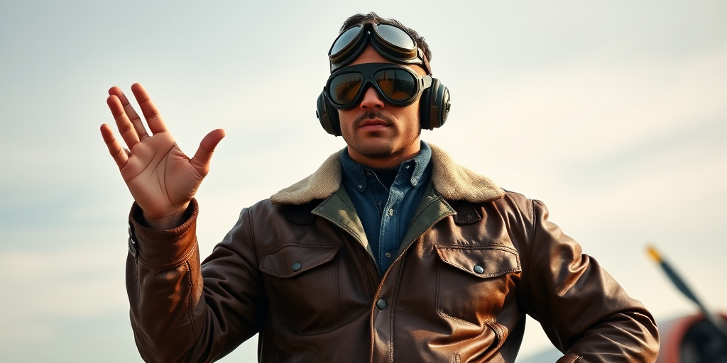 Create an image of a confident aviator wearing a brown leather jacket and goggles, standing with one hand gesturing, captured in high resolution with a DSLR camera at f/2.8, 1/125s shutter speed, 50mm lens, natural lighting, and a slight low angle view for depth.