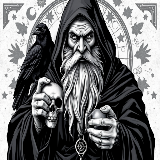 Create a detailed black and white illustration of an old wizard with a long beard wearing a dark hooded robe, surrounded by mystical symbols and two ravens perched on his shoulders, holding a skull in one hand and pointing with the other, captured with a Canon EOS R5, 85mm f/1.2 lens, ISO 100, aperture f/4.0, shutter speed 1/125s, soft diffused lighting for enhanced texture and depth.