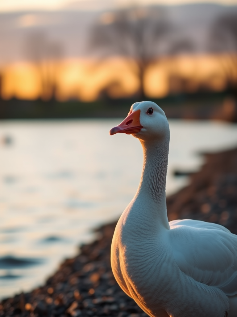 Capture a close-up shot of two geese by the water's edge during golden hour, using a DSLR camera with a 50mm lens, aperture f/2.8, ISO 100, and a shutter speed of 1/200s, ensuring the background is softly blurred to emphasize the birds.