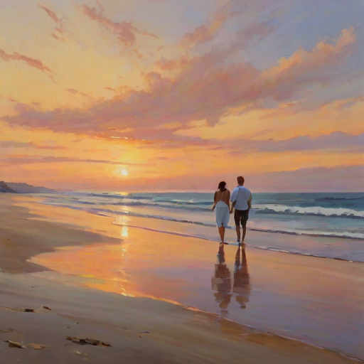 Tranquil beach scene at sunset, with a couple walking hand in hand along the shoreline, the sky painted in warm colors, and gentle waves lapping at their feet, creating a romantic atmosphere.