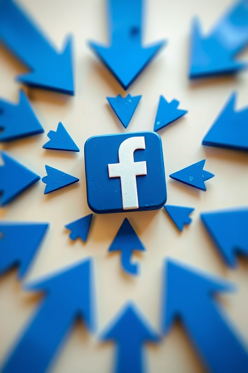 Create an abstract digital artwork featuring the Facebook logo in the center, surrounded by various blue arrows pointing outward, using a DSLR camera with a 50mm lens, aperture set to f/1.8, ISO 100, and shot from a slightly elevated angle to enhance depth and clarity.