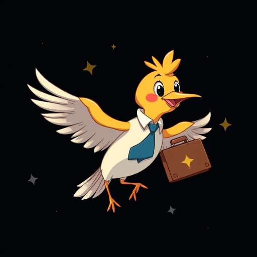 Create a high-resolution digital illustration of a cartoon-style bird wearing a necktie, carrying a briefcase, soaring through a starry black background, with soft lighting and high contrast, using a Canon EOS R5 with a 50mm lens, f/1.8, ISO 100, 1/200s for sharp details and vibrant colors.