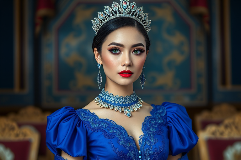 A gorgeous Uyghur woman in a luxurious blue gown, accessorized with a dazzling tiara and statement earrings, her deep green eyes highlighted by impeccable makeup, poised in a royal setting, photorealistic, 8K quality