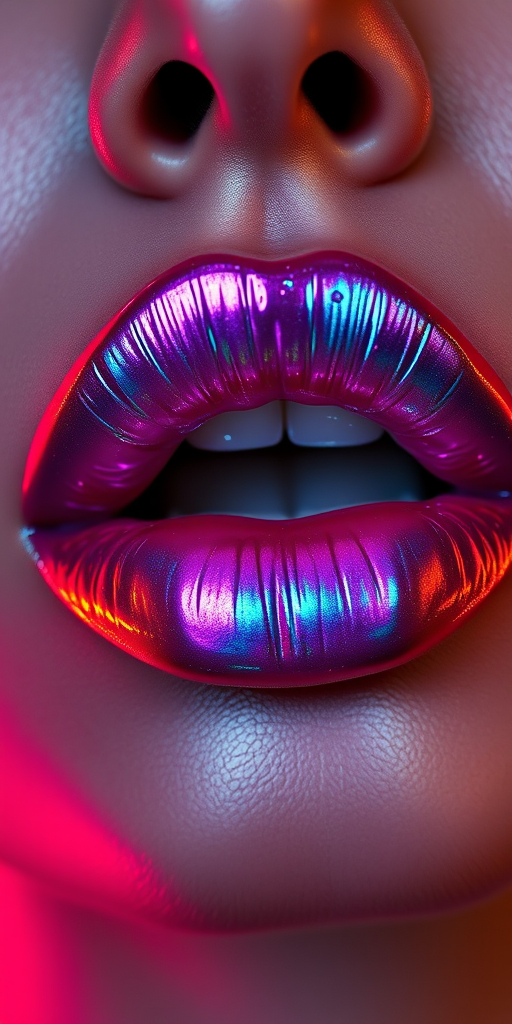 Daring woman lips adorned with holographic iridescent lipstick, shifting colors in the light, futuristic and avant-garde, pushing beauty boundaries