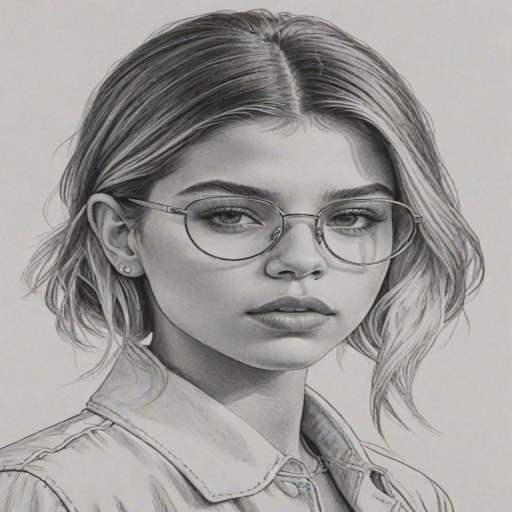 Elegant Sofia Richie, pencil sketch, portrait of Ravishing woman 1922s in glasses, hair style beatnik, outline, clear lines, fine lines, 8k