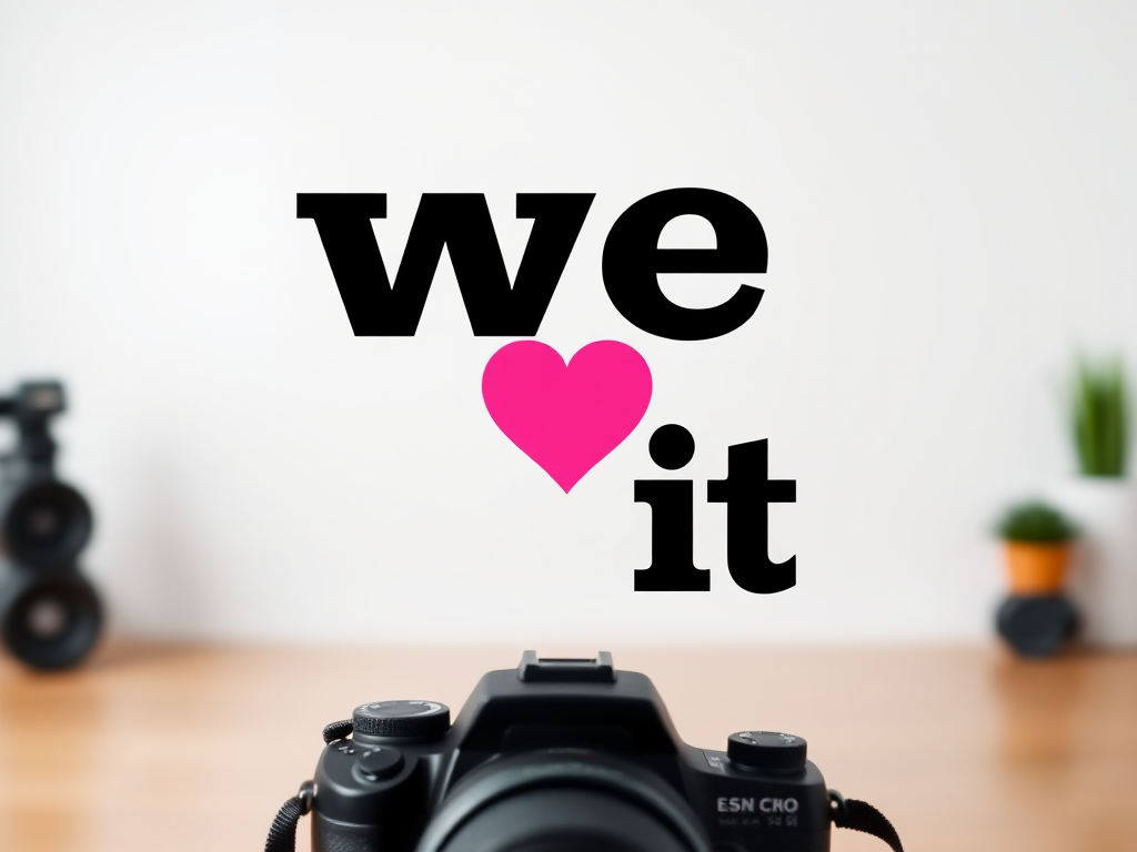 Generate a high-resolution logo design featuring the text "we" in bold black, a pink heart in the middle, and "it" in bold black, using a DSLR camera with a 50mm lens, f/1.8 aperture, ISO 100, in a well-lit studio setting.