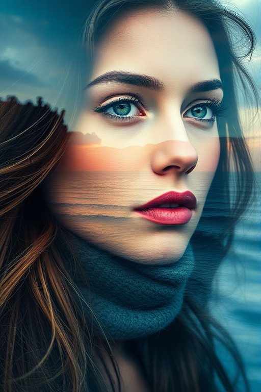 this photo is Book cover, A surreal double exposure portrait that blends a woman's face with a beautiful seascape. The overall mood is dreamy and mystical, with rich colors and intricate details
