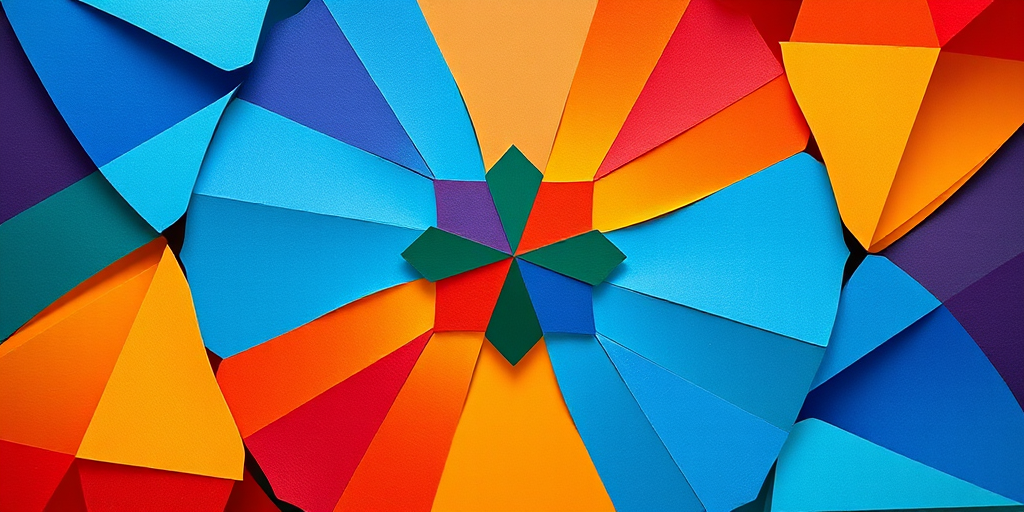 Create a detailed image of an abstract geometric design with vibrant colors, using a DSLR camera, 50mm lens, f/1.8 aperture, ISO 100, shot from a top-down view to enhance depth and clarity.