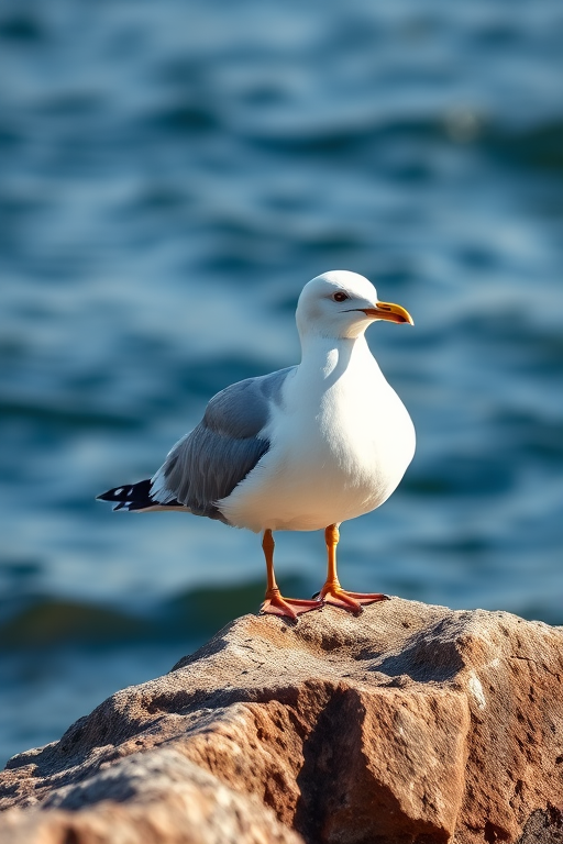 seagull resting on a rock by the water, natural light, shallow depth of field, ISO 100, f/4, 1/500 sec, 35mm lens, DSLR camera, vibrant colors, sharp focus on the bird