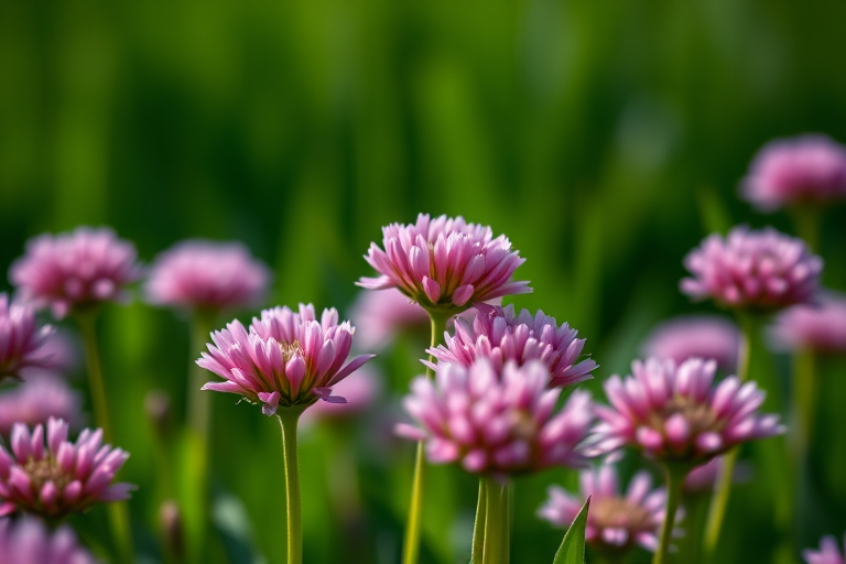 High-resolution macro shot of pink flowering chives in a lush green field, with a shallow depth of field, taken with a Canon EOS R5, 100mm f/2.8L macro lens, f/2.8, ISO 200, shutter speed 1/250s, natural light, focus on individual flowers with a dark background for contrast.