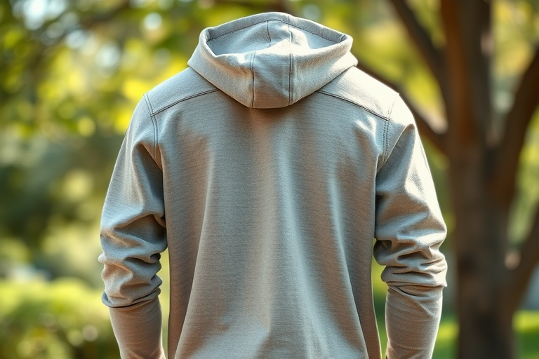 Generate a high-resolution image of a stylized long-sleeve shirt with two front pockets and a hood, captured with a Canon EOS R5 at f/2.8, with a 50mm lens, in natural light, maintaining a shallow depth of field.