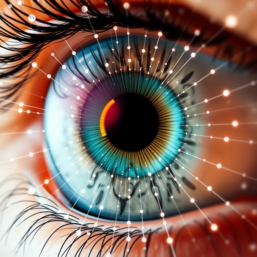 Create a digital artwork of an eye with a circular camera lens at the center, surrounded by a network of interconnected lines and dots, use a 50mm lens, f/1.8 aperture, ISO 100, shot in macro style with a Canon EOS R5 to enhance image clarity and detail.