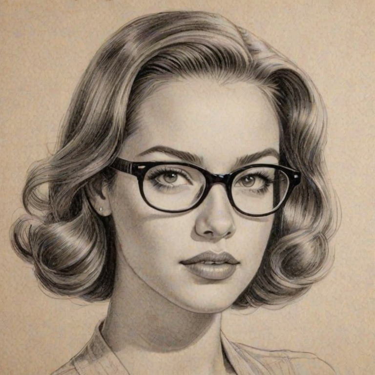 Dazzling Alexis Knapp, pencil sketch, portrait of Ravishing woman 1938s in glasses, hair style beatnik, outline, clear lines, fine lines, 8k