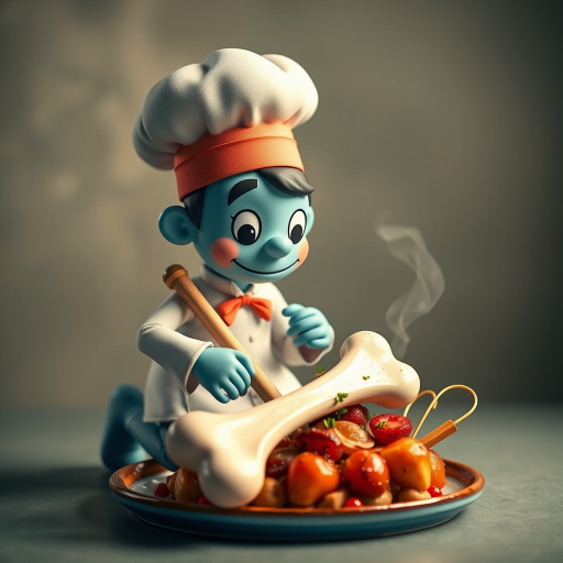 Create a 3D illustration of a cartoonish character with a chef hat, kneeling and using a large bone as a hammer on a gourmet dish, with a soft focus background, using a Canon EOS R5 camera at f/1.8, ISO 100, 1/500 sec shutter speed, in a well-lit studio setting for enhanced image quality.