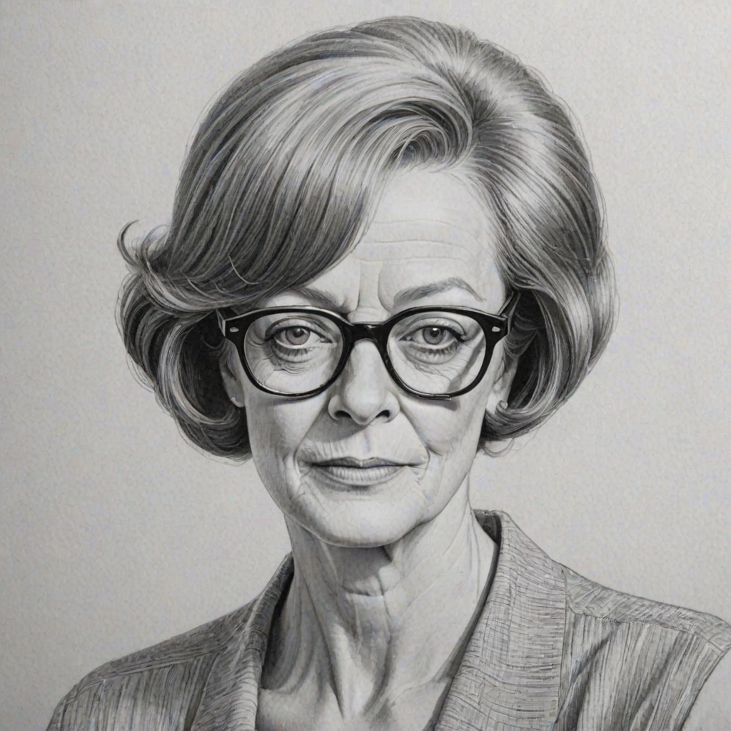 Beautiful Maggie Smith, pencil sketch, portrait of beautiful woman 60s in glasses, hair style beatnik, outline, clear lines, fine lines, 8k